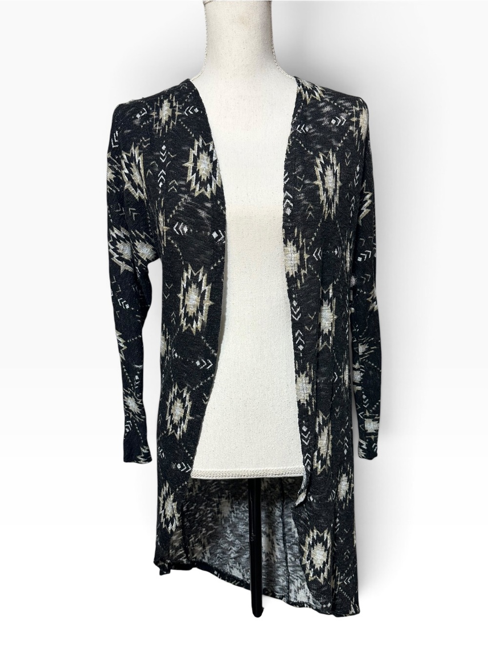 Black Aztec Open-Front Women's Cardigan Sweater